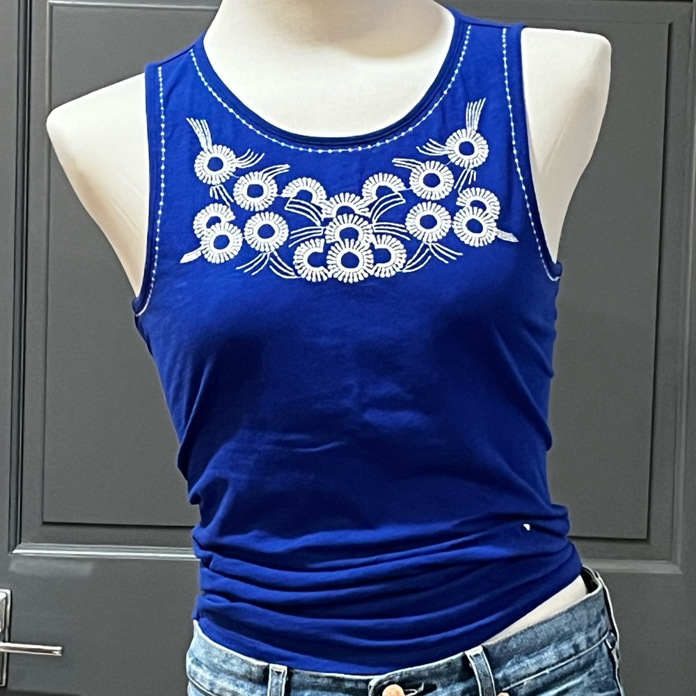 J. Crew Blue Tank Top with White Embroidery